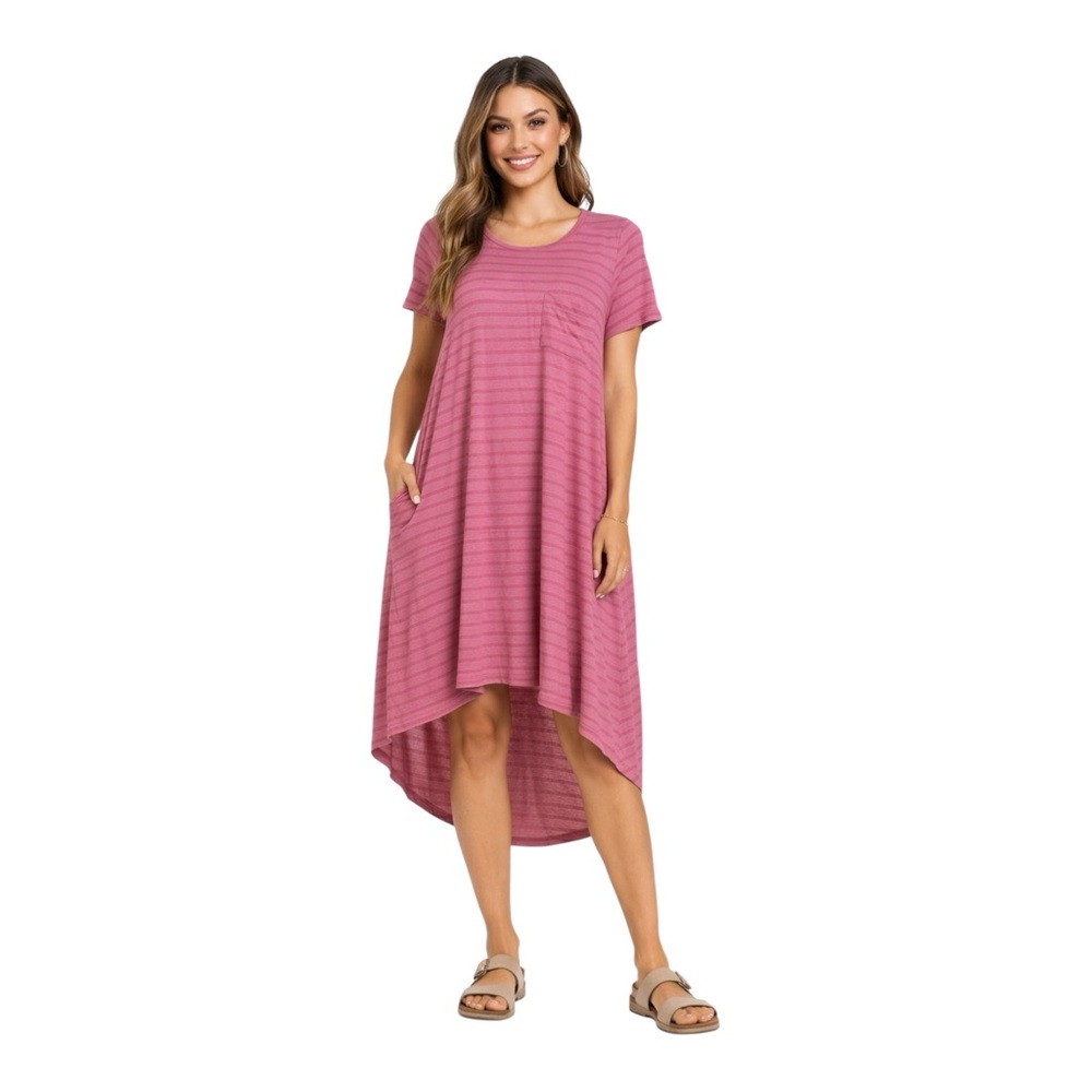 LuLaRoe Carly Dress XL Pink Striped High Low Pocket Swing Preloved